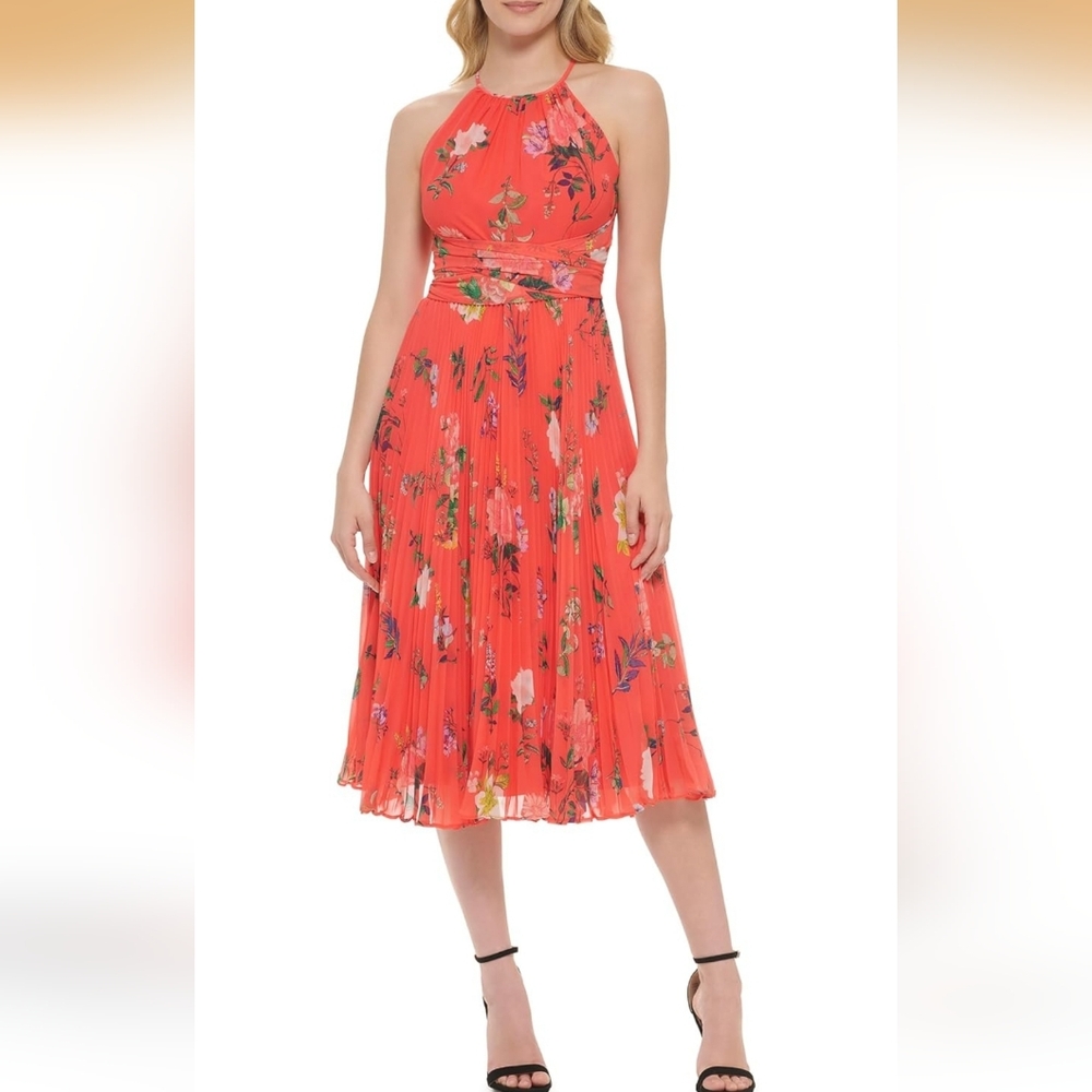 NWT Eliza J Sleeveless Halter Neck Pleated Chiffon Midi Dress Coral Pink Sz 8